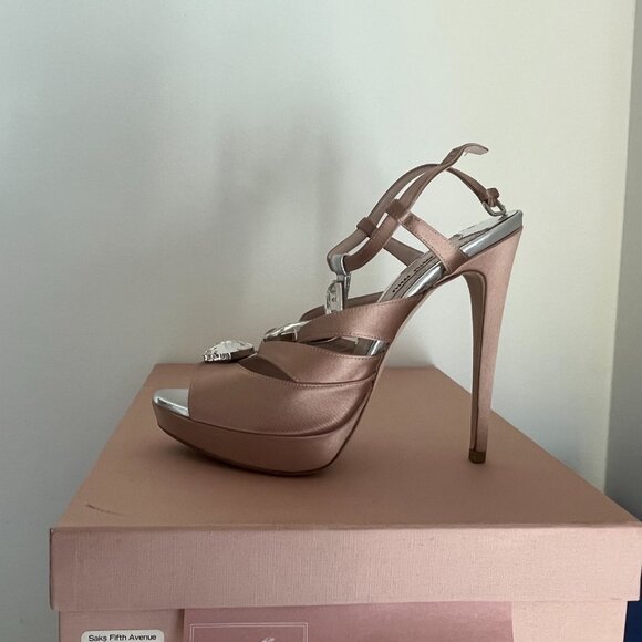 NEW Miu Miu Nude Satin Bejeweled Calzature Donna T-Strap Platform High Heels - Picture 6 of 11